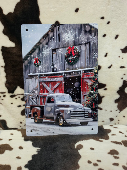 Christmas Old Truck Barn Metal Sign