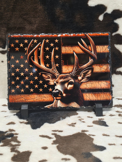 Deer American Flag Photo Rock Slate