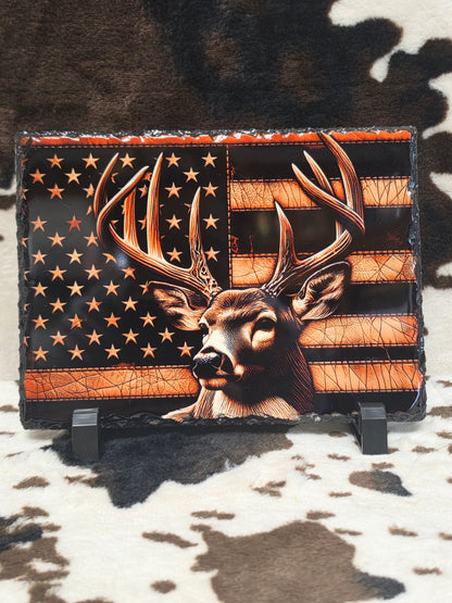 Deer American Flag Photo Rock Slate