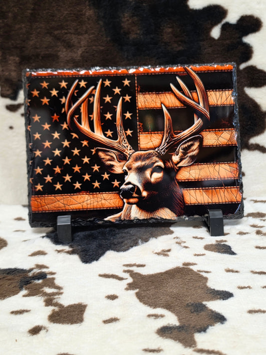 Deer American Flag Photo Rock Slate