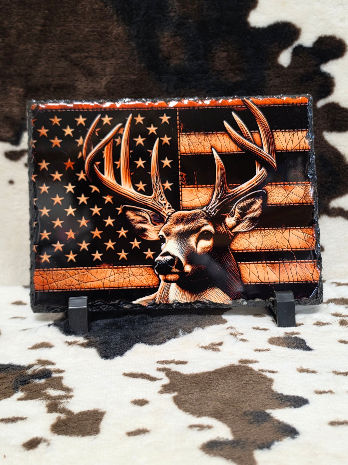 Deer American Flag Photo Rock Slate