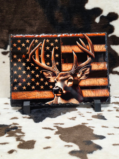 Deer American Flag Photo Rock Slate