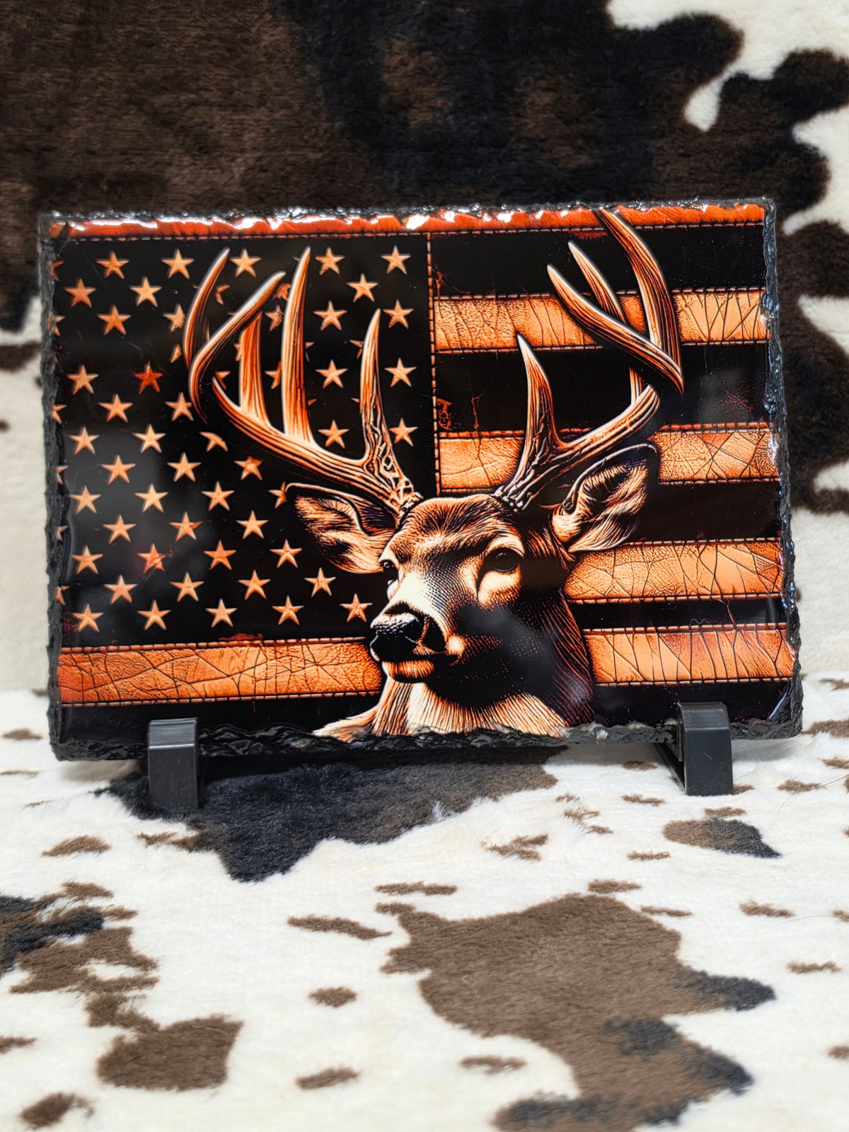 Deer American Flag Photo Rock Slate