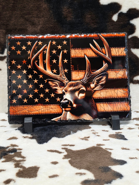 Deer American Flag Photo Rock Slate