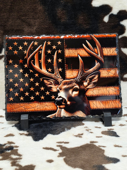 Deer American Flag Photo Rock Slate