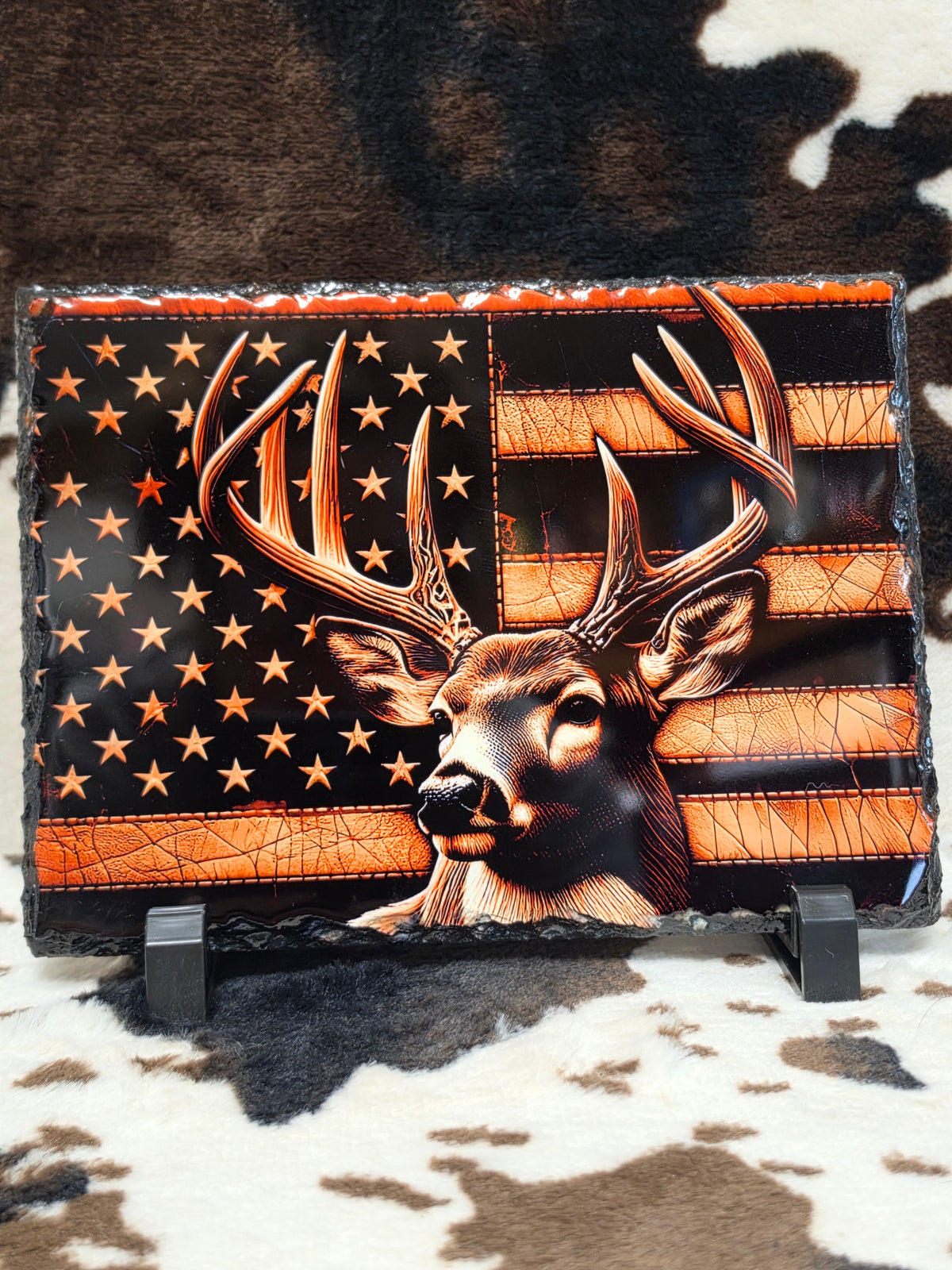 Deer American Flag Photo Rock Slate
