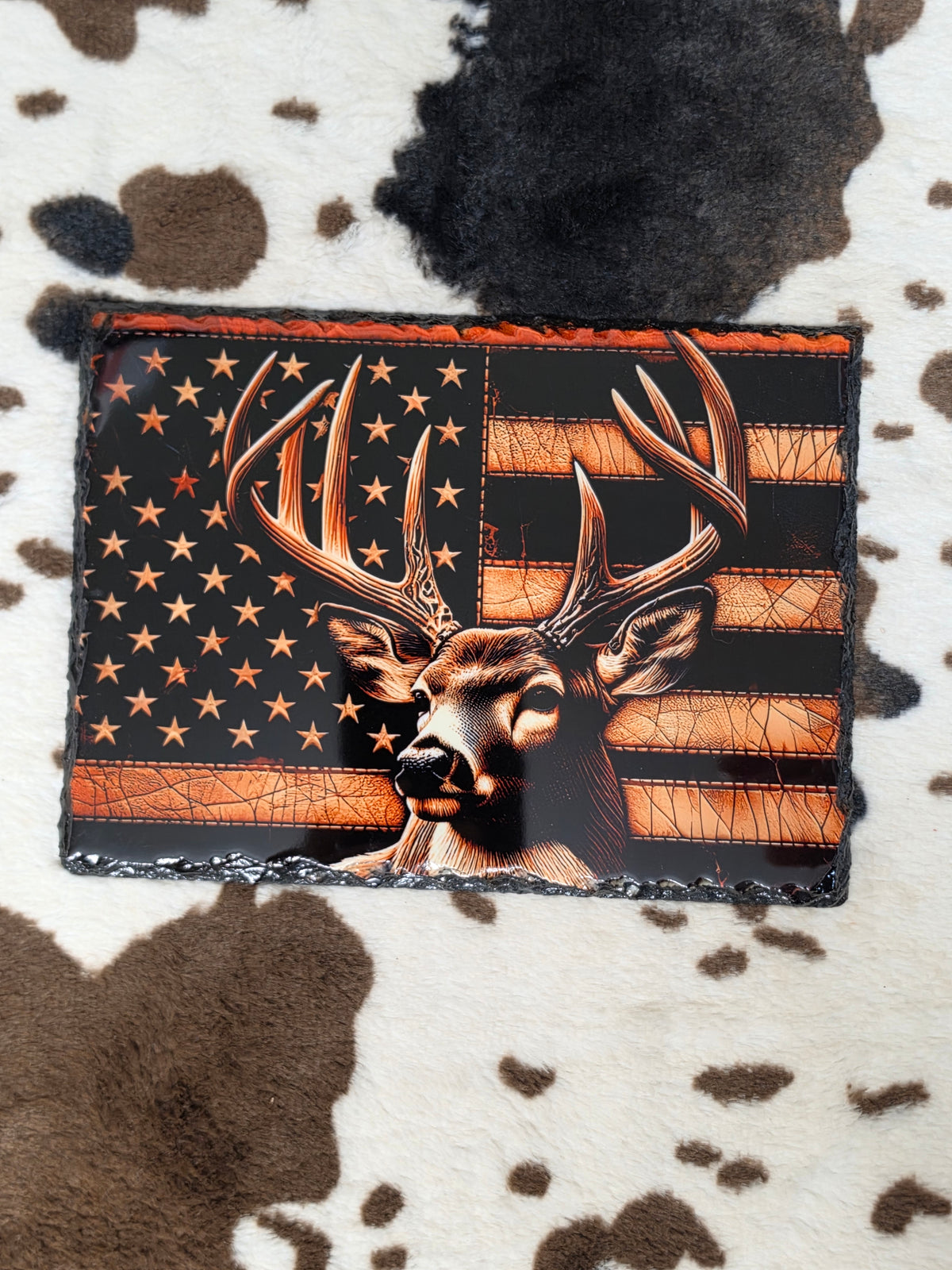 Deer American Flag Photo Rock Slate
