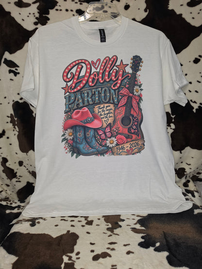 Dolly Parton Graphic Tee Womens Country Western Vintage Guitar Boot Shirt White