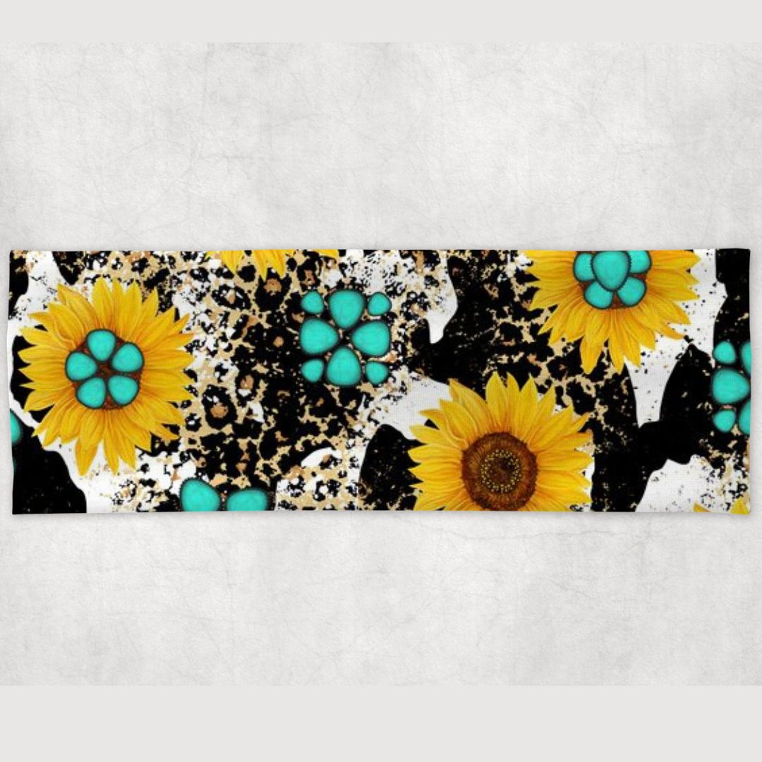 Turquoise Sunflower Cow Print Yoga Headband