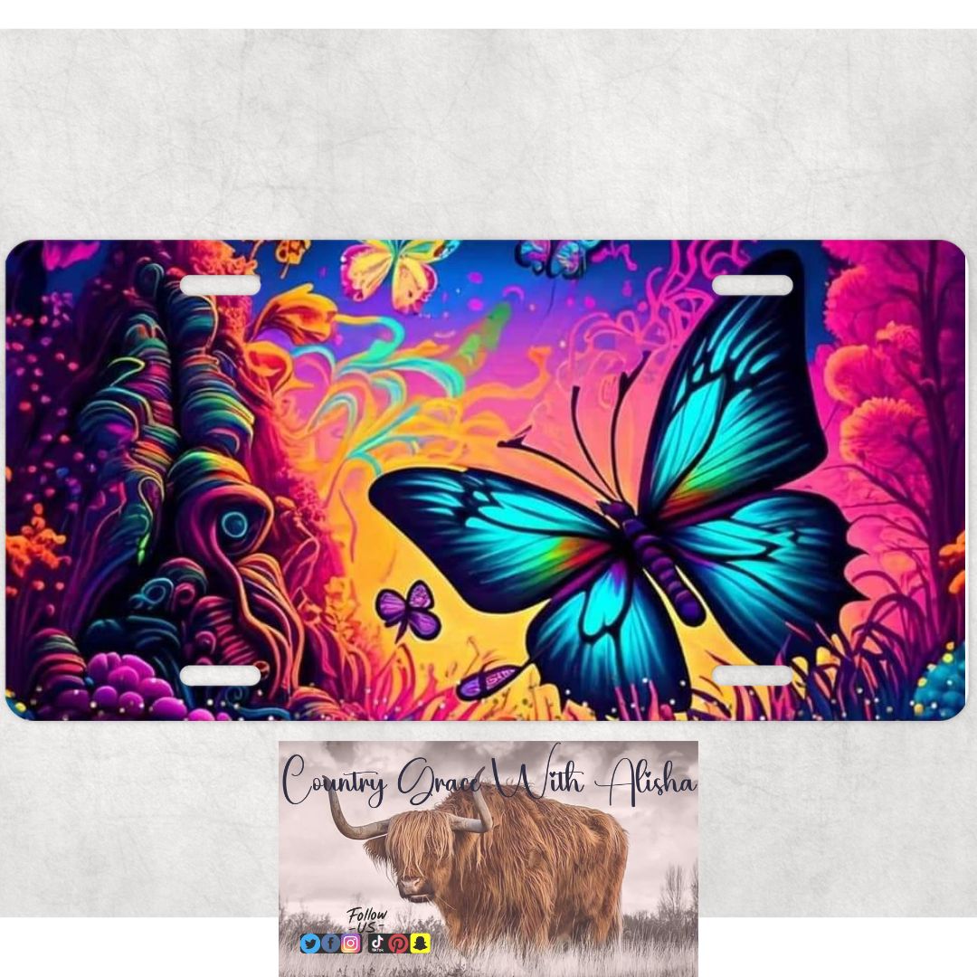 Neon Butterfly Custom Car Tag License Plate
