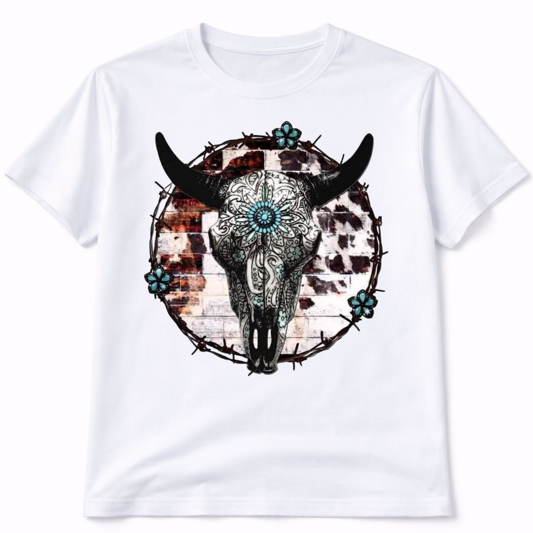 Bull Skull Cow Print Western Graphic T-Shirt