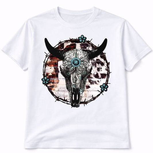 Bull Skull Cow Print Western Graphic T-Shirt