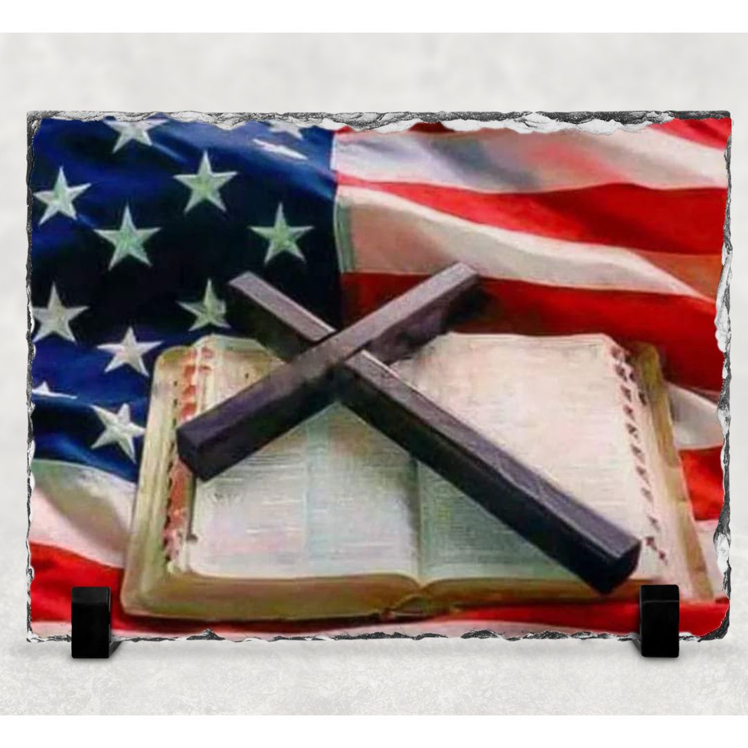 American Flag Bible Cross Photo Rock Slate