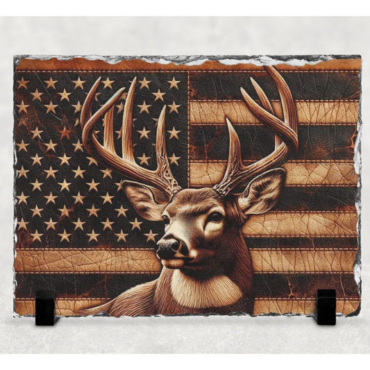 Deer American Flag Photo Rock Slate
