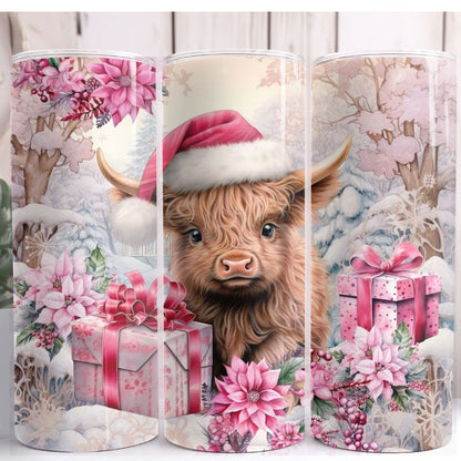 Highland Cow Christmas Pink 20oz Skinny Tumbler