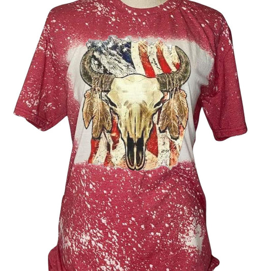 Bull Skull Western Flag Bleached Short Sleeve T-Shirt