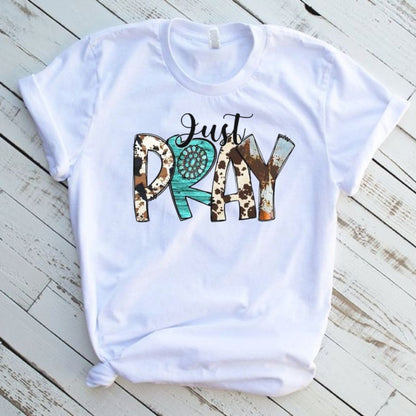 Just Pray Cow Print Graphic T-Shirt