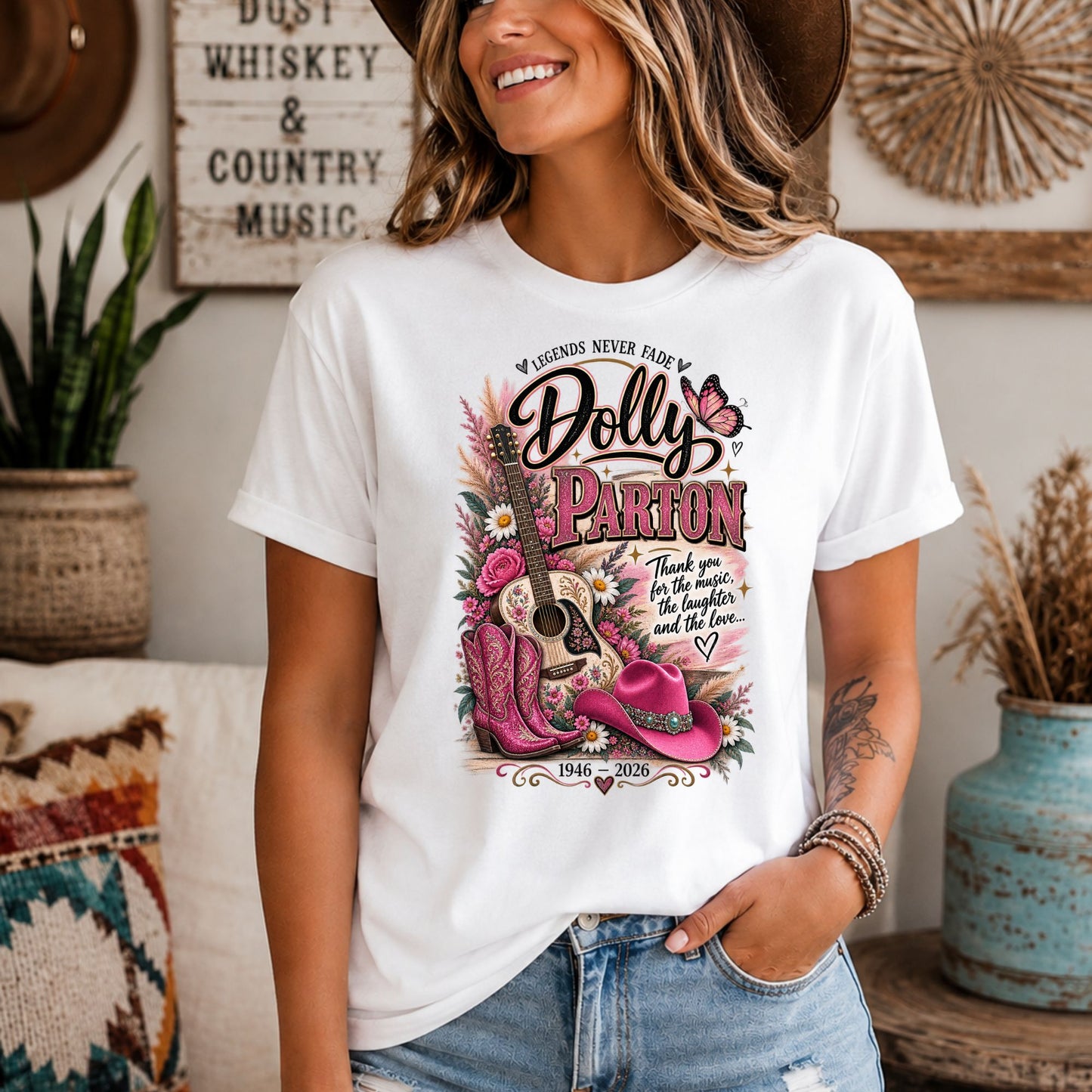 Dolly Parton Graphic Tee Womens Country Western Vintage Cowboy Boot Shirt White
