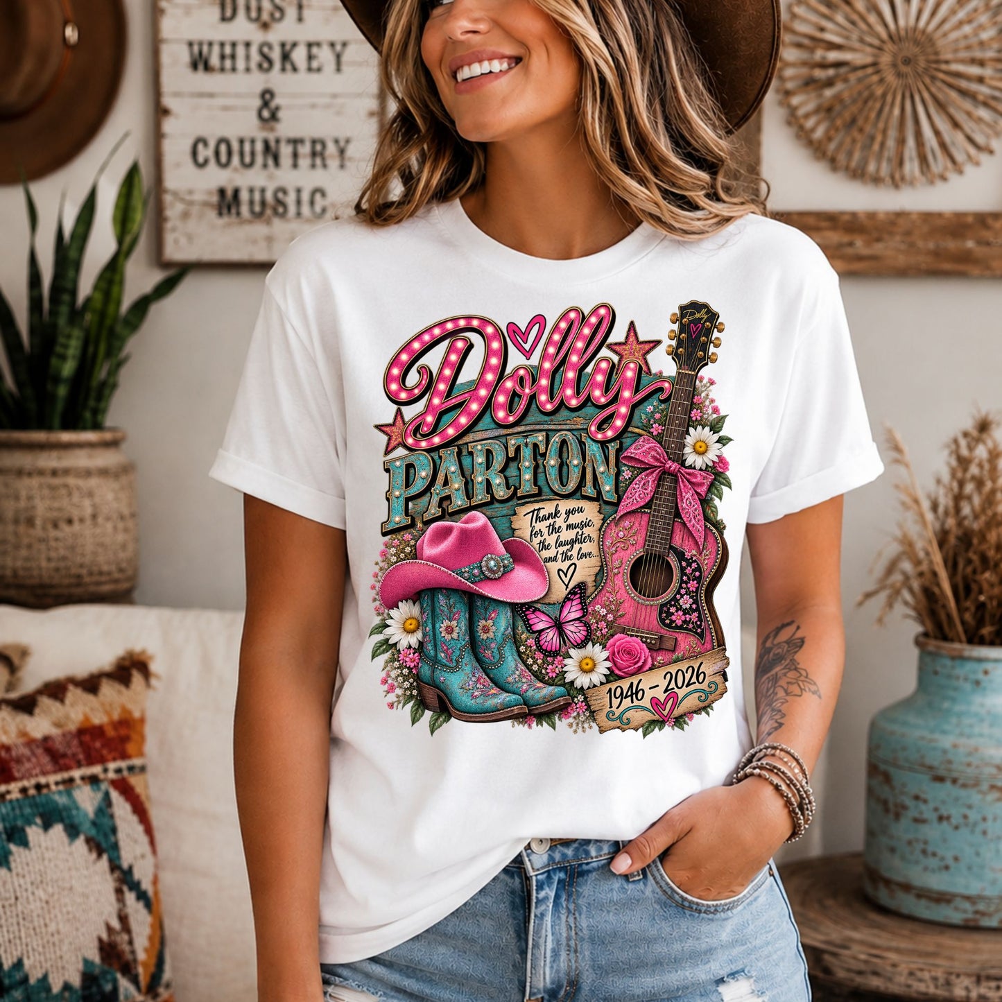 Dolly Parton Graphic Tee Womens Country Western Vintage Guitar Boot Shirt White