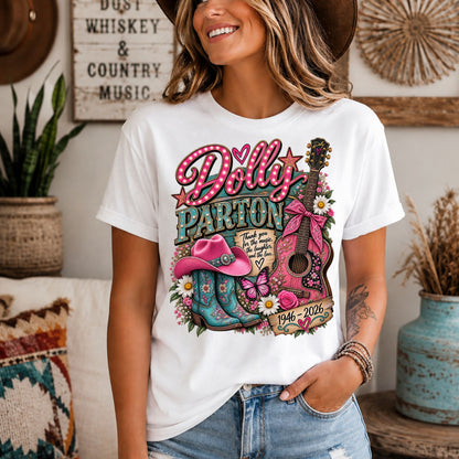 Dolly Parton Graphic Tee Womens Country Western Vintage Guitar Boot Shirt White