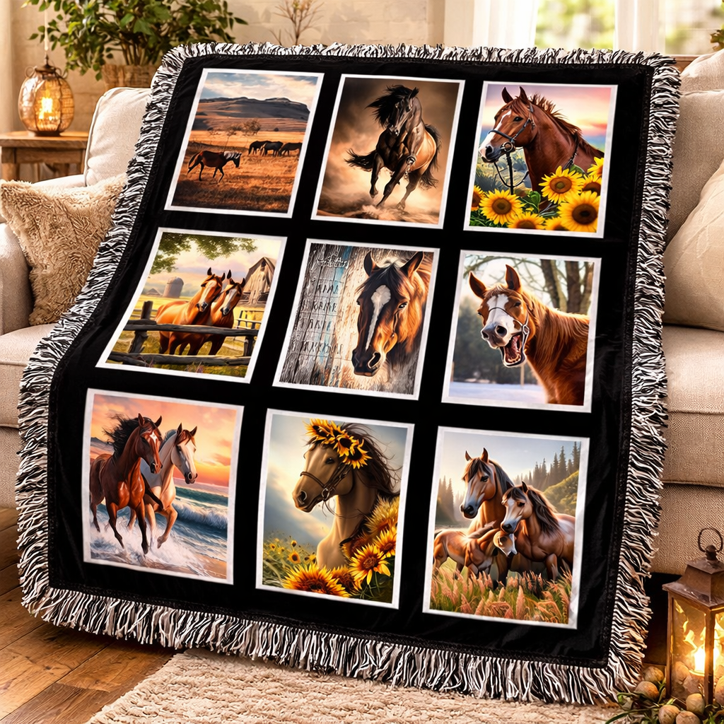 Western Horse Fleece Blanket – 50” x 60” Cozy 9-Panel Throw for Horse Lovers