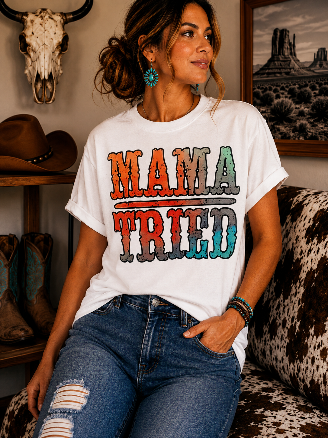 Mama Tried Graphic T Shirt Trendy Western Style Tee Womens Gifts White