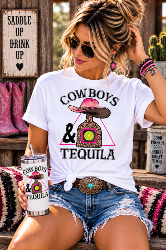 Cowboys And Tequila Western White T-Shirt Graphic Tee