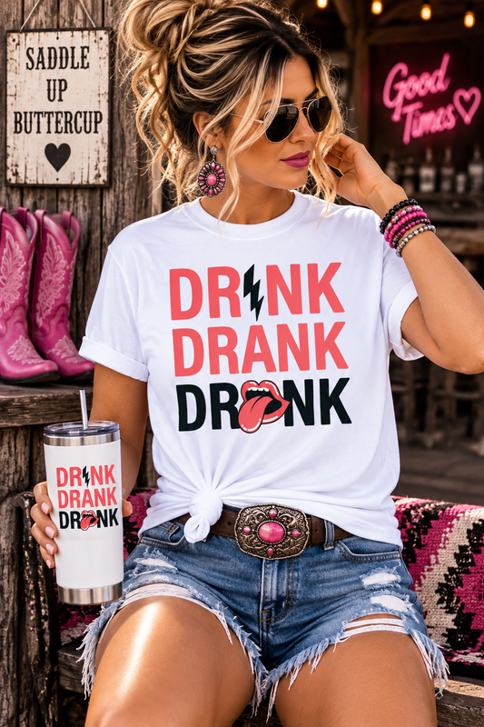 Drink Drank Drunk Western White T-Shirt Graphic Tee