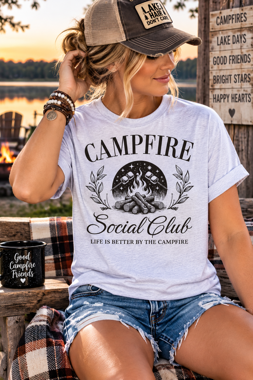 Campfire Social Custom Graphic Tee Shirt Casual Everyday T-Shirt Comfortable Gray