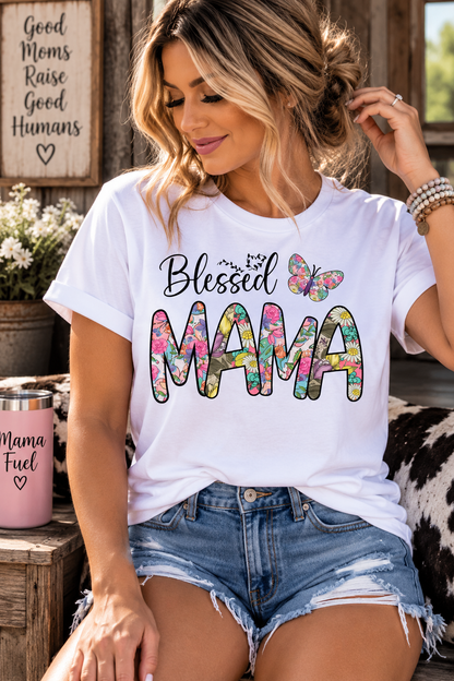 Blessed Mama Butterfly Graphic Tee Shirt