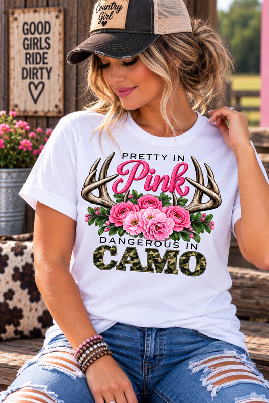 Pretty In Pink Dangerous In Camo Graphic Tee Shirt