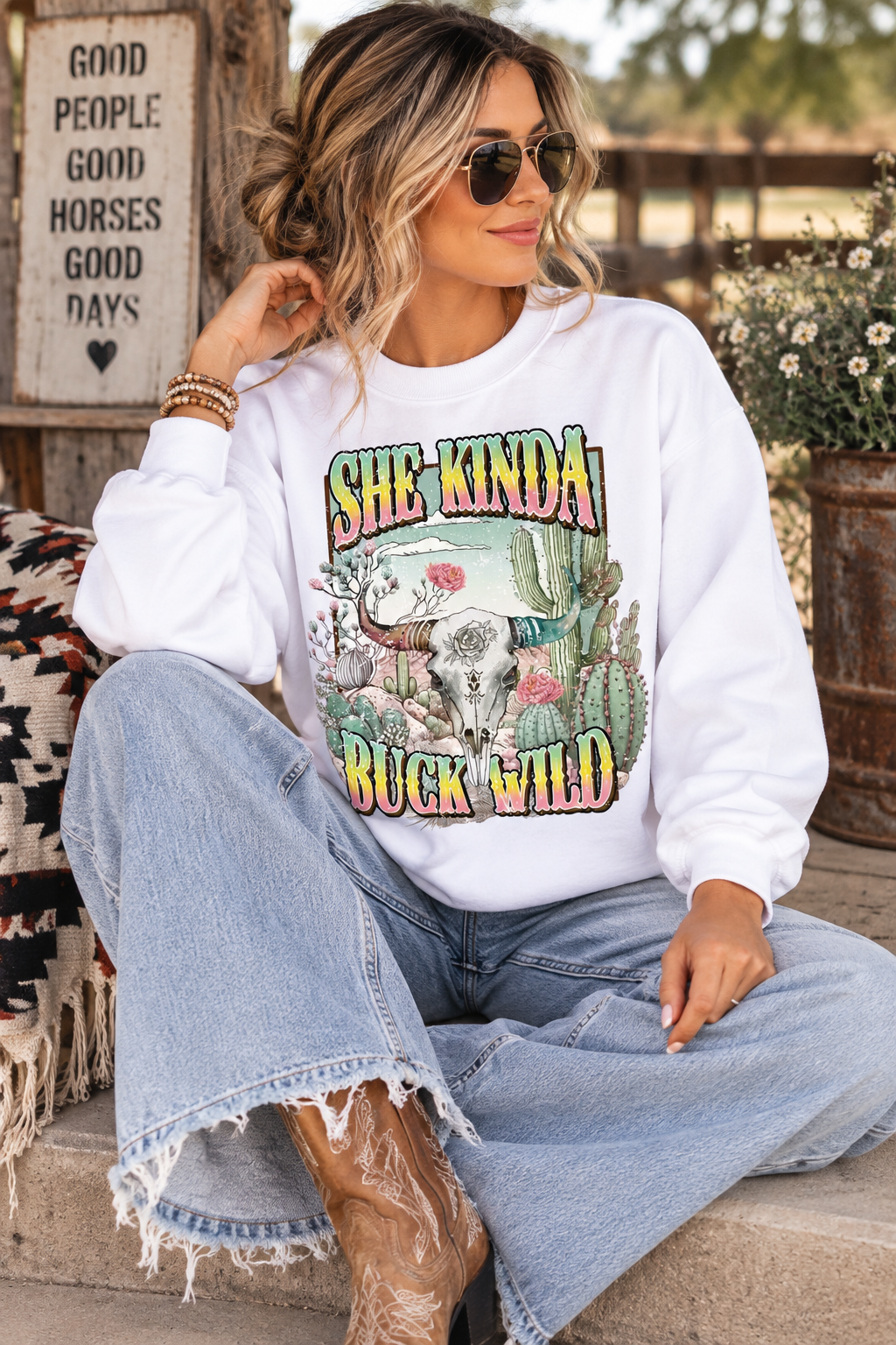 Shes Kinda Buck Wild Western White Sweatshirt
