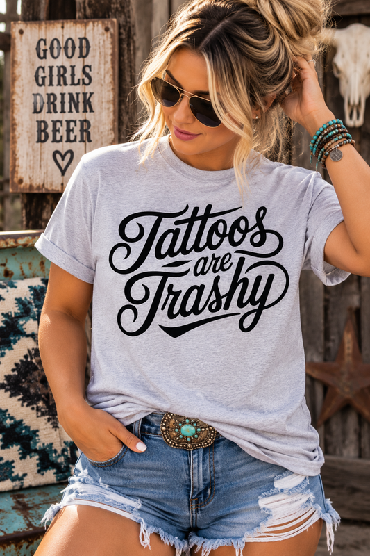 Tattoos Trashy Western Custom Graphic Tee Shirt Casual Everyday T-Shirt Comfortable Gray
