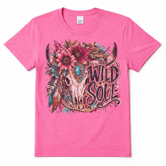 Wild Soul Western Custom Graphic Tee Shirt Casual Everyday T-Shirt Comfortable Pink