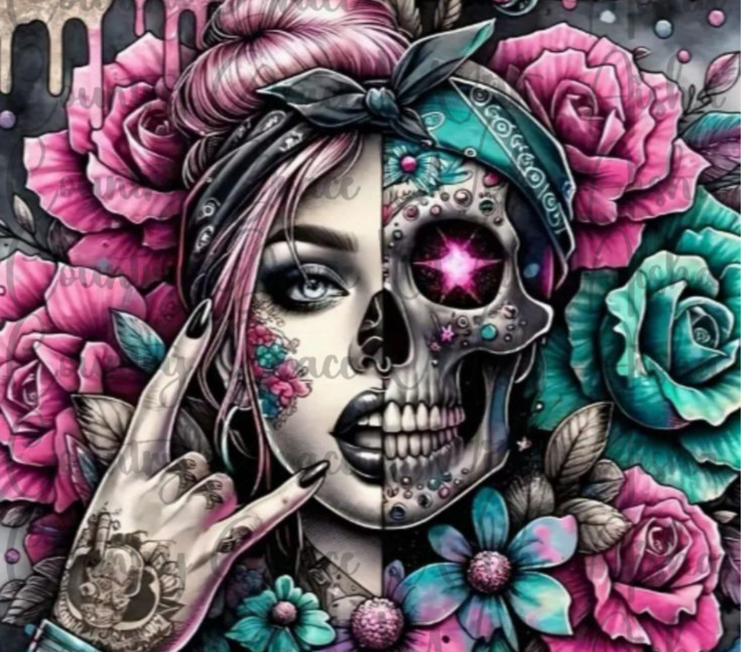 Floral Skull Half 20oz Skinny Tumbler Sublimation Transfer Wrap