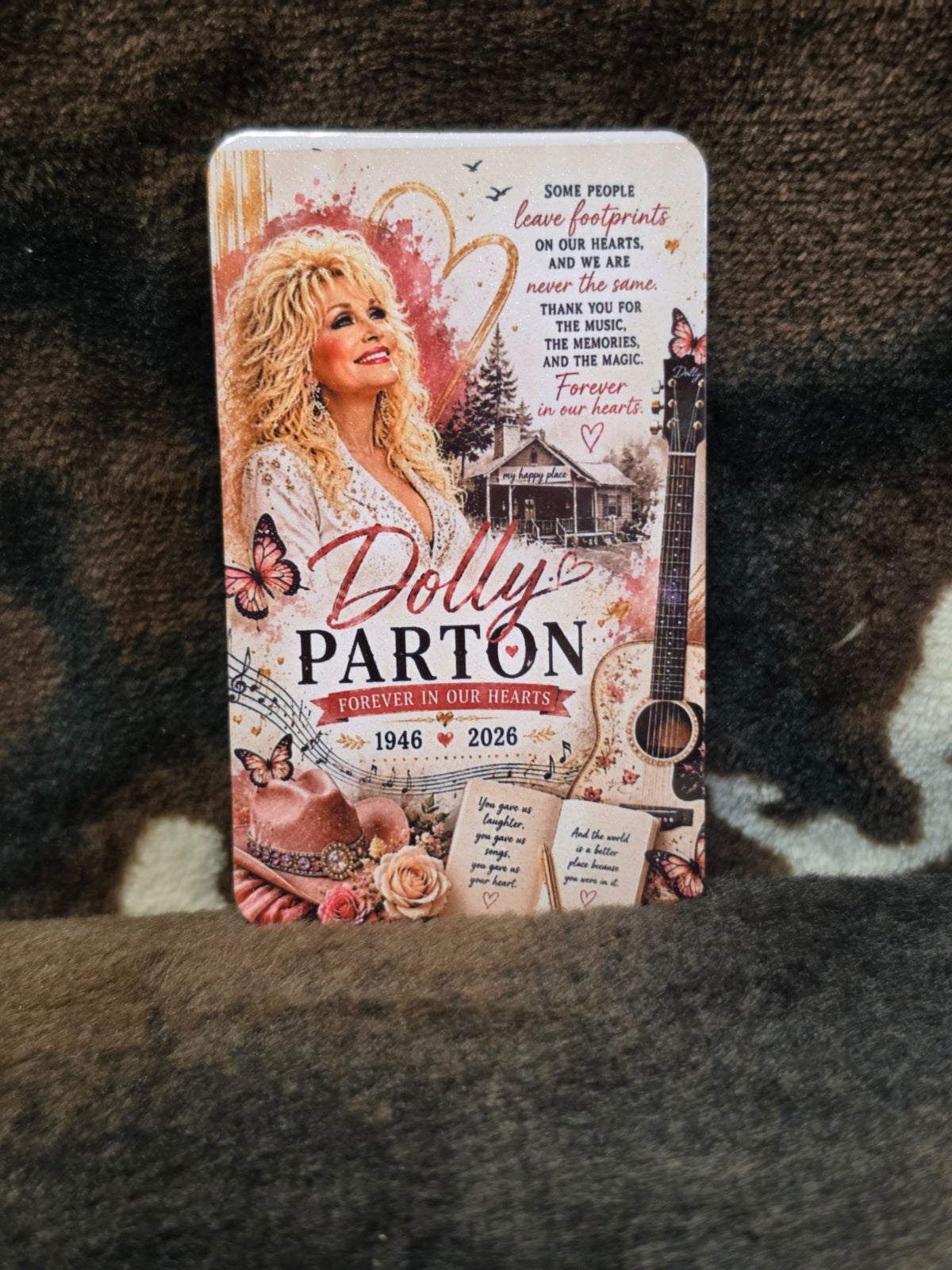 Dolly Parton Forever in Our Hearts magnet with butterflies, guitar, roses and cabin artwork