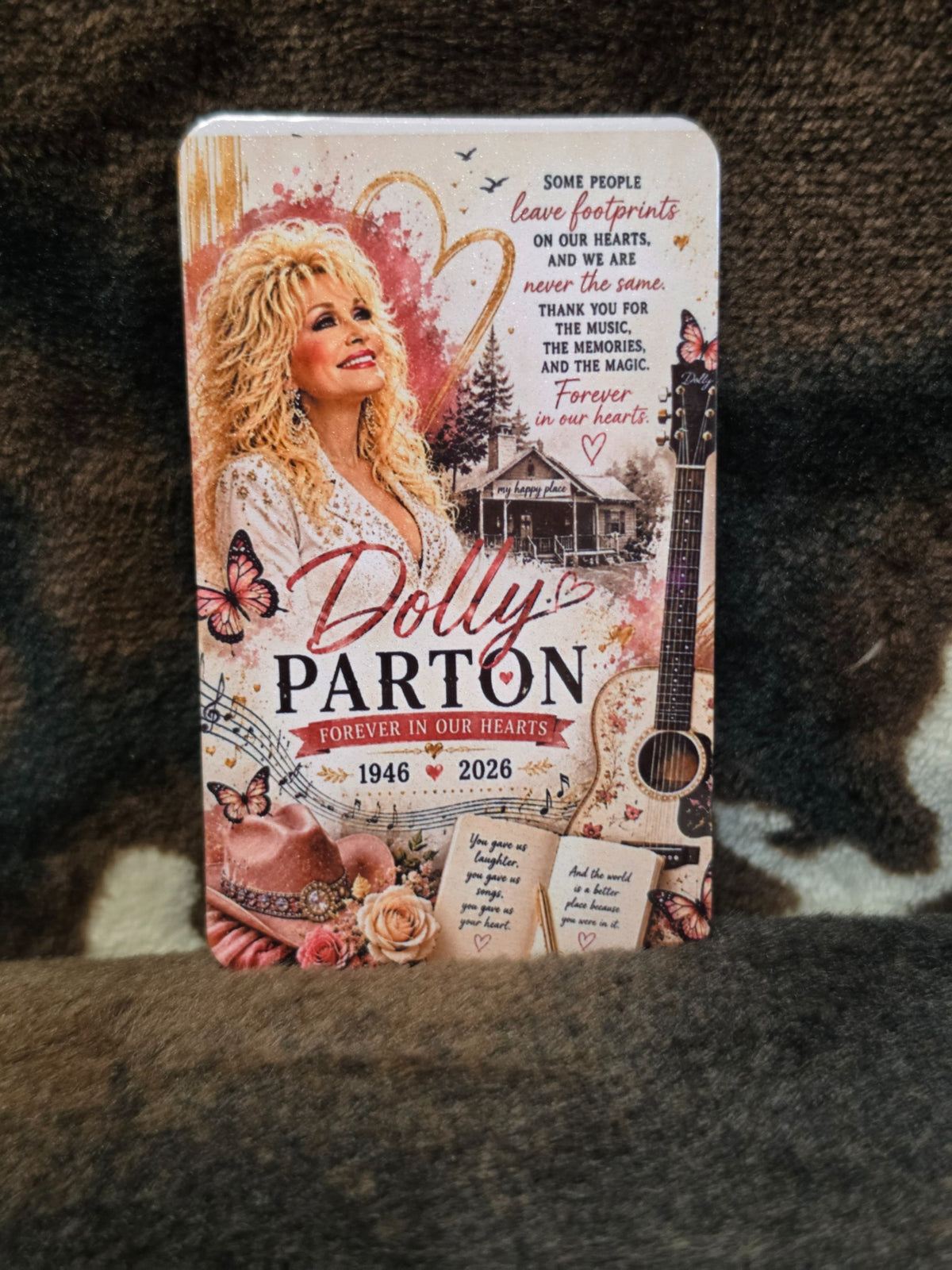 Dolly Parton Forever in Our Hearts magnet with butterflies, guitar, roses and cabin artwork