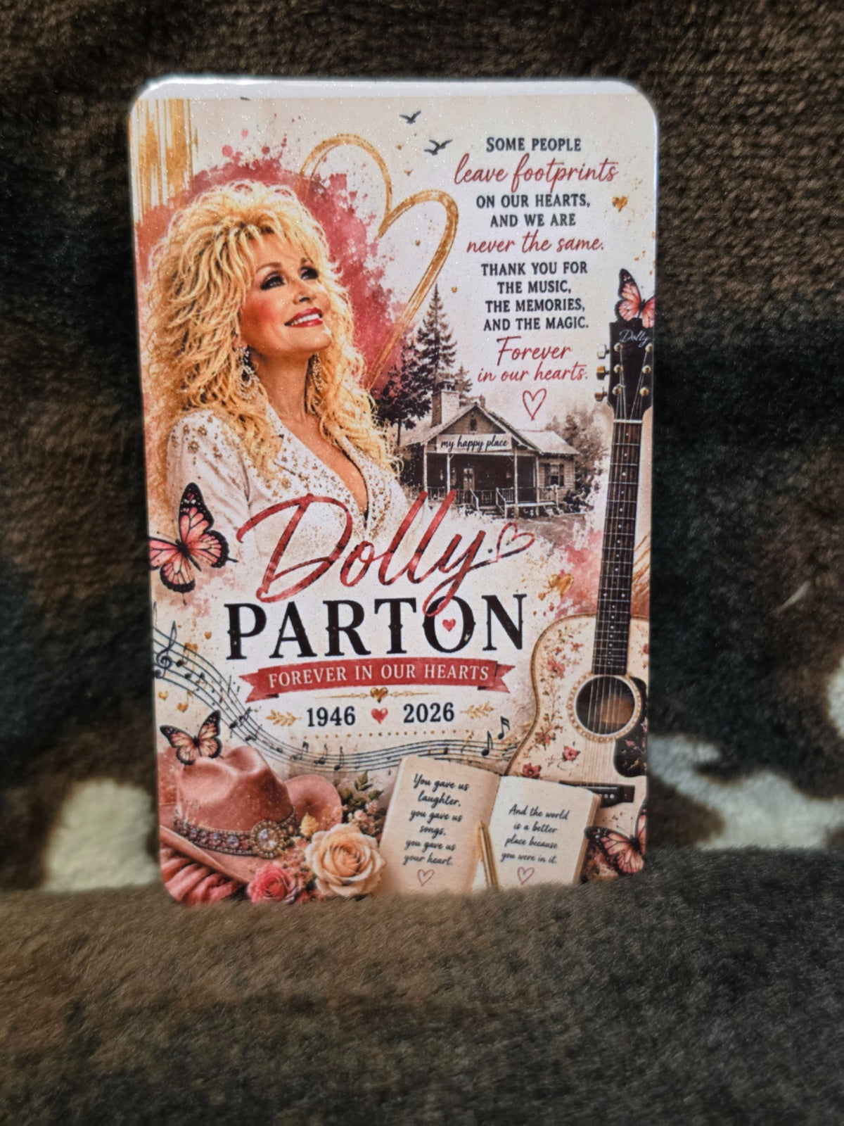 Dolly Parton Forever in Our Hearts magnet with butterflies, guitar, roses and cabin artwork