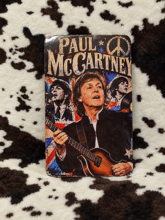 Paul McCartney collage refrigerator magnet with bass guitar, Union Jack artwork and rounded corners