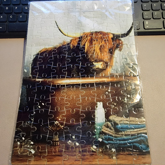 Highland Cow In The Tub 120 Piece Handmade Jigsaw Puzzle