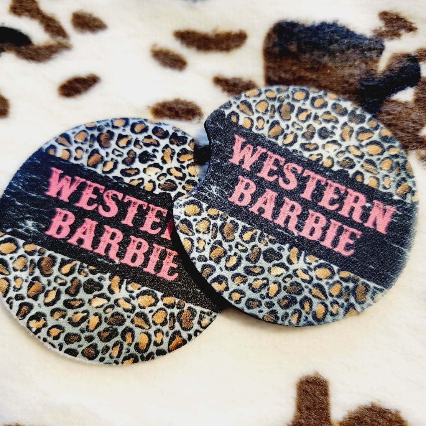 Western Barbie Leopard Print Neoprene Car Coasters