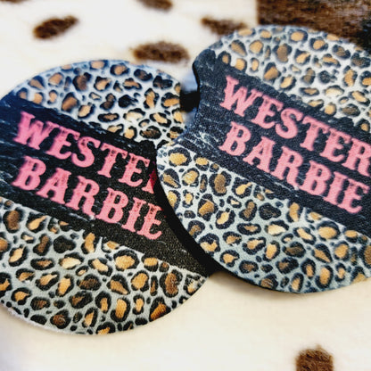 Western Barbie Leopard Print Neoprene Car Coasters