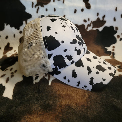 White Cow Print Criss Cross Ponytail Hat