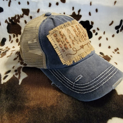 Mama Leopard Blue Distressed Patch Baseball Hat