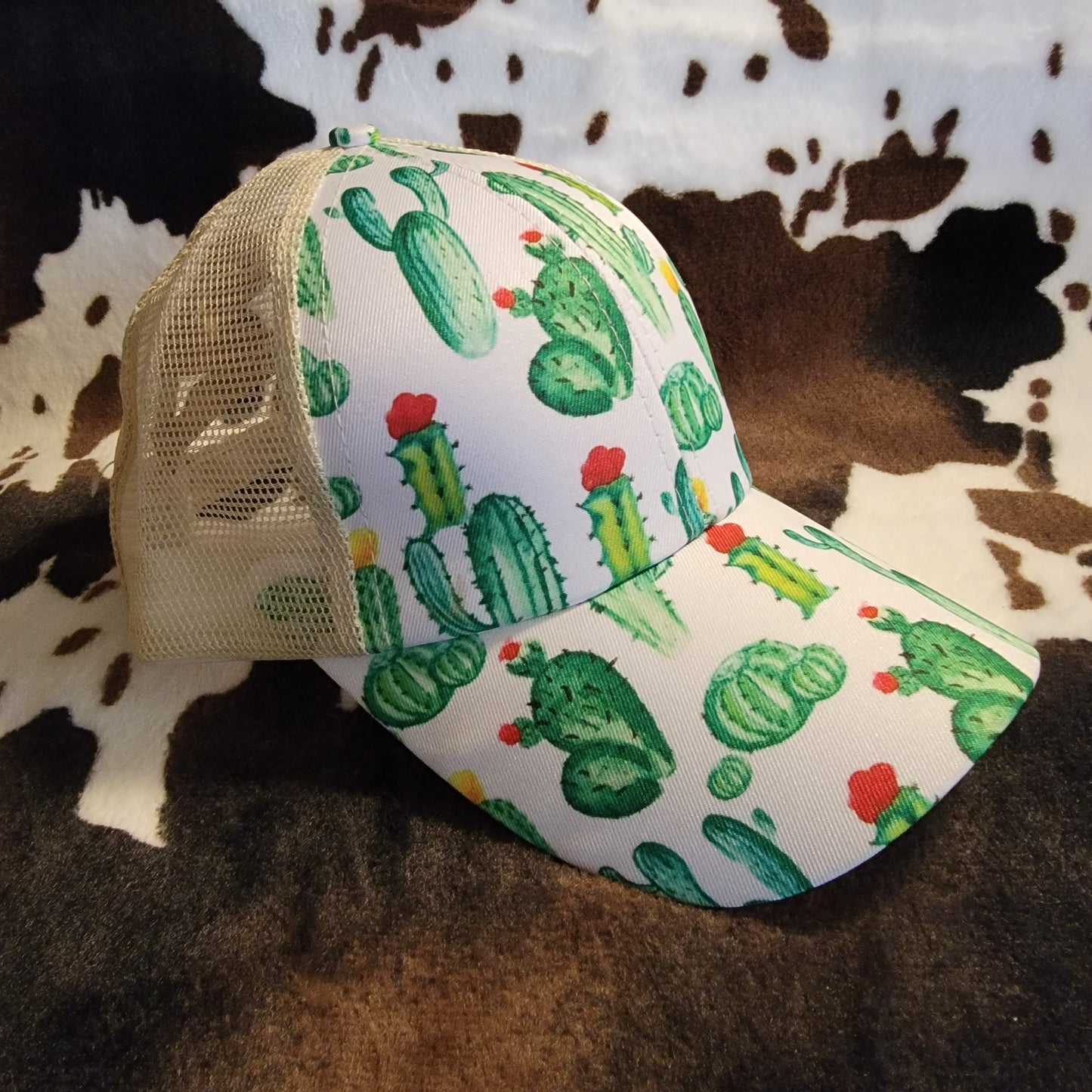 White Cactus Print Criss Cross Ponytail Hat