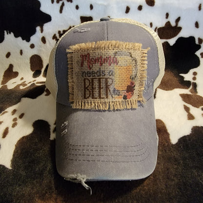 Mama Needs A Beer Gray Criss Cross Ponytail Patch Hat