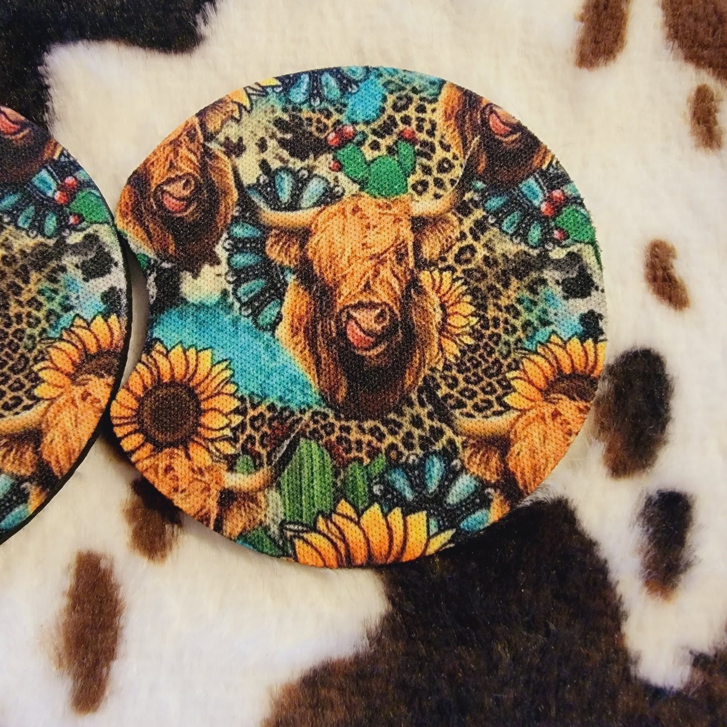 Sunflower Bull Skull Neoprene Car Coaster Set