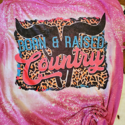 Born And Raised Country Bull Skull Pink Bleached Tee
