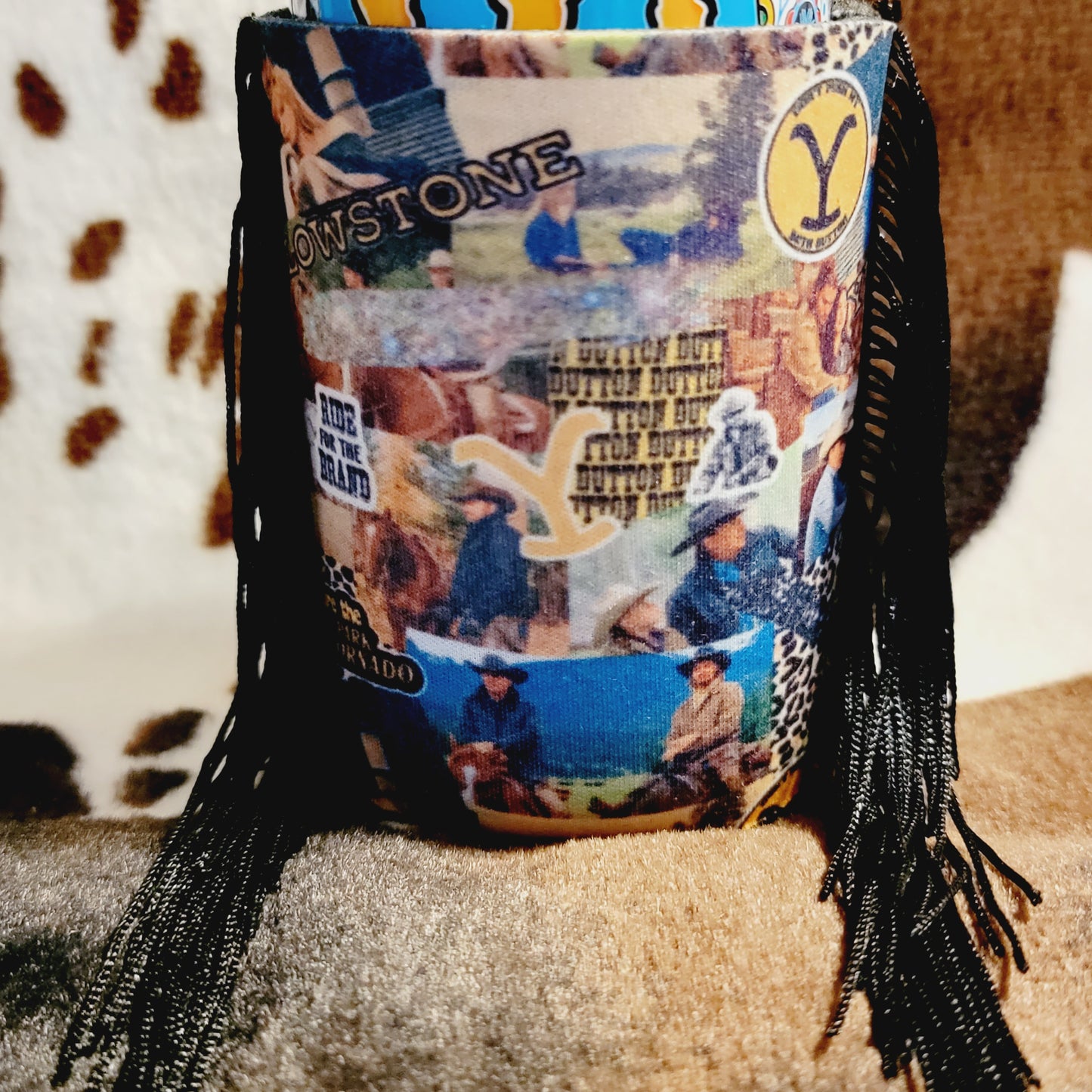 Fringe Yellowstone Cowboy Western Collage Can Cooler Koozie