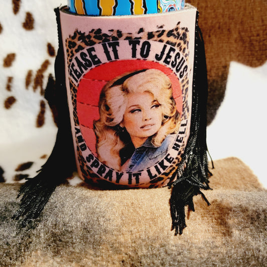 Fringe Dolly Tease It To Jesus Leopard Can Cooler Koozie